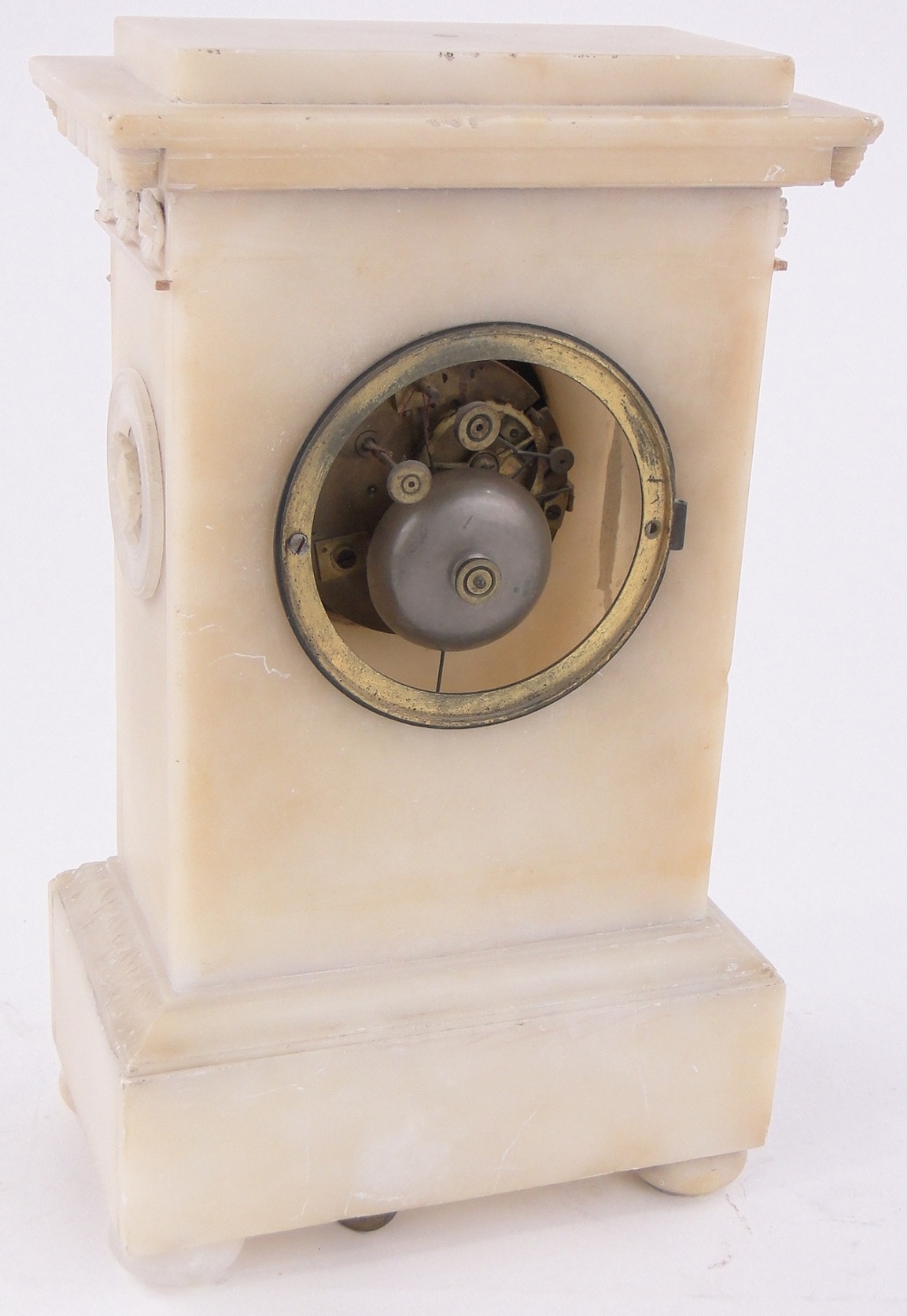 A 19th century relief carved alabaster cased mantel clock, with cast ormolu dial, height 33cm. - Image 3 of 3