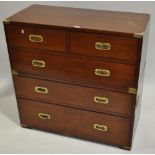 A 19th century teak 2-section campaign chest, with 2 short and 3 long fitted drawers,