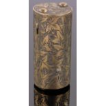 Victorian engraved brass cylindrical vesta case, twist action lid, length 4cm.