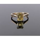 A 9ct gold yellow sapphire set ring, sapphire height 8mm, size N.