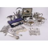A large quantity of plated items, including mother of pearl handled cutlery, vegetable tureens, etc.