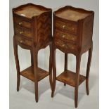 Pair of Continental walnut and marquetry decorated three-drawer bedside chests,