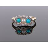 A Victorian 18ct gold diamond, turquoise and pearl set ring, setting width 13mm, size N.