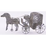 A Maltese silver filigree horsedrawn carriage, unmarked, length 16cm.