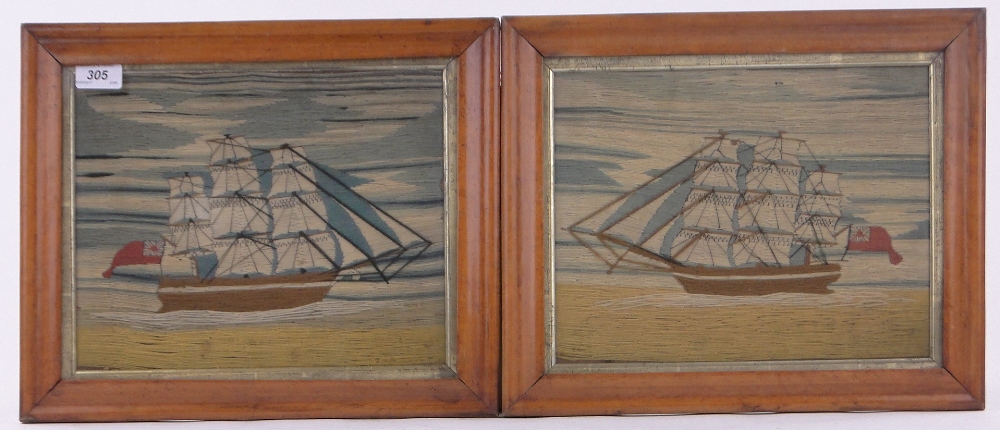Pair of 19th century sailor's woolwork pictures, depicting British 3 masted sailing ships,