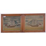 Pair of 19th century sailor's woolwork pictures, depicting British 3 masted sailing ships,