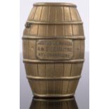 A brass champagne barrel design vesta case, height 5cm.