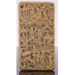 A 19th century Chinese relief carved ivory card case, depicting figures in gardens, 8.5cm x 4.5cm.