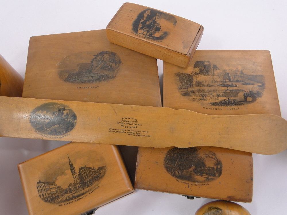 A Collection of Mauchline Ware, including Hastings ribbon dispenser, Jersey needle case, etc., (12). - Image 2 of 3
