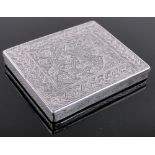An unmarked Middle Eastern white metal cigarette case, with engraved decoration, length 9cm.