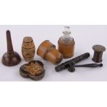 A Collection of treen items, including medicine bottle in case, miniature gavel, needle case,
