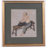 A Chinese watercolour on rice paper depicting a tradesman at work, 13.5cm x 12cm, framed.