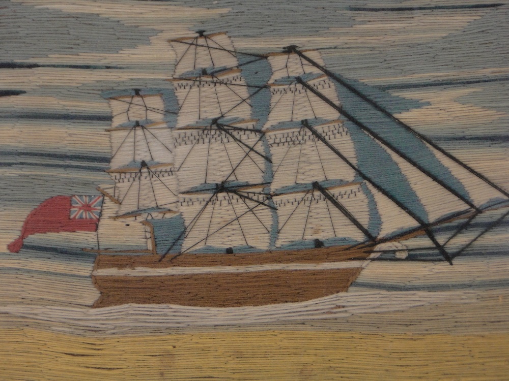 Pair of 19th century sailor's woolwork pictures, depicting British 3 masted sailing ships, - Image 2 of 3