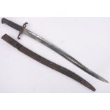 A 19th century sword bayonet, blade length 57cm with original leather scabbard.