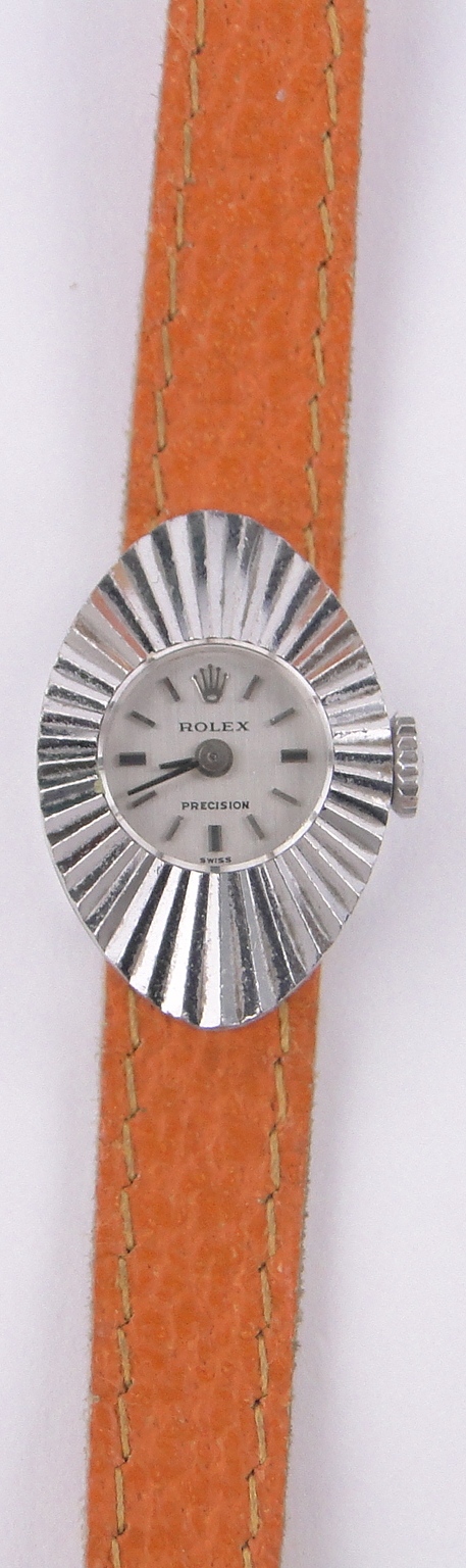 A lady's Vintage Rolex 18ct white gold wristwatch, with sunburst design bezel, case width 16mm,