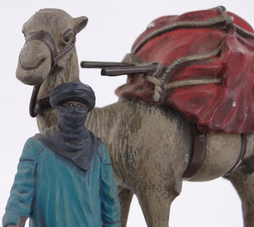 An Austrian cold painted bronze Bedouin tribesman and camel, unmarked, wooden plinth, - Image 3 of 3