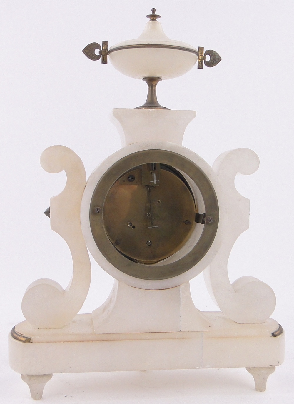 A 19th century French alabaster scroll cased mantel clock surmounted by an urn, height 29cm. - Image 2 of 3