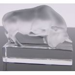 A Lalique frosted glass bull, engraved signature, length 10.5cm, chipped ear.