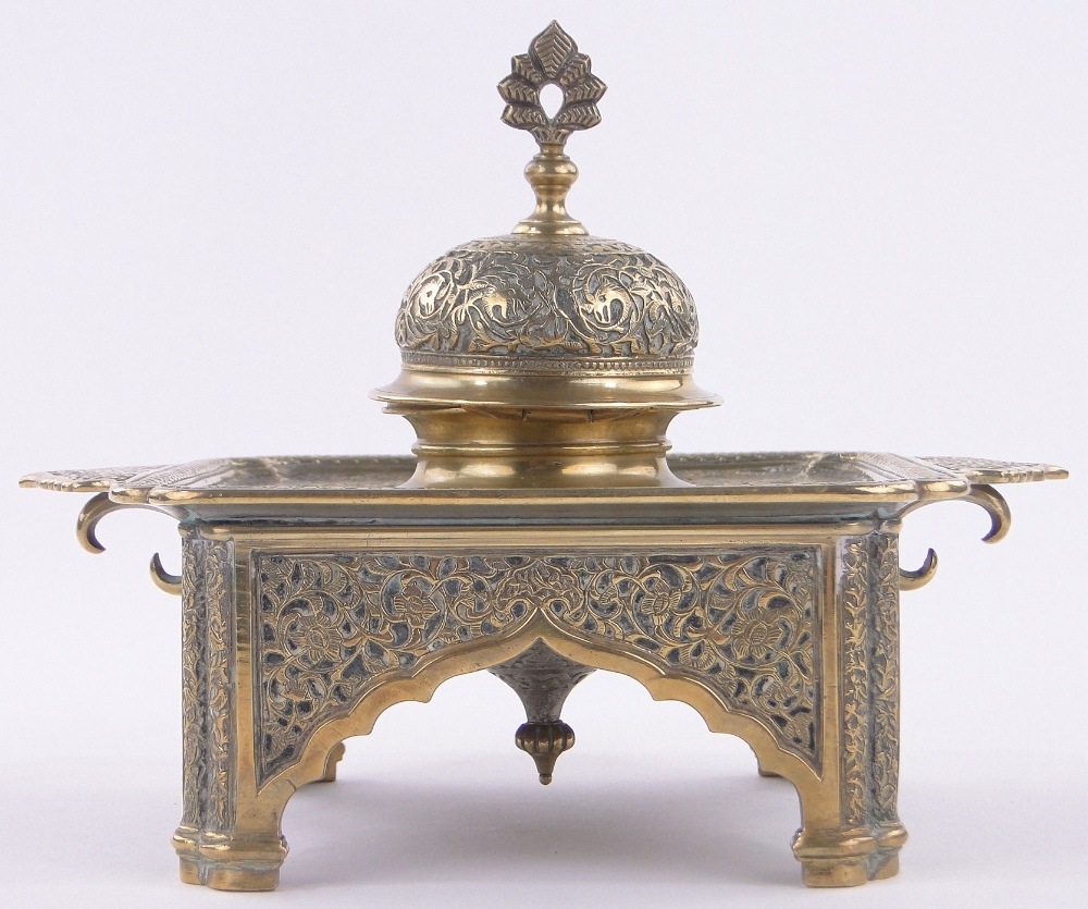 An ornate Middle Eastern brass ink stand, - Image 3 of 3