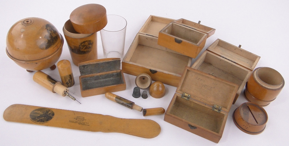 A Collection of Mauchline Ware, including Hastings ribbon dispenser, Jersey needle case, etc., (12). - Image 3 of 3