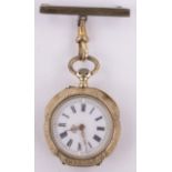 A Swiss gilt metal and enamel pendant fob watch, circa 1900, with enamel dial, case width 27mm.