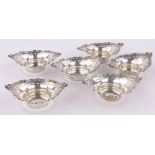 Set of 6 small pierced continental silver bon bon dishes, length 9cm.