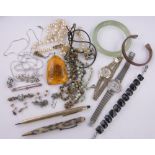 Box of jewellery and watches, including a lady's gold Omega wristwatch with gold strap,