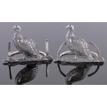 Pair of Edwardian silver partridge design menu card holders, makers marks S J, London 1910,