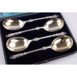 Cased set of 4 Victorian plated apostle ended serving spoons.