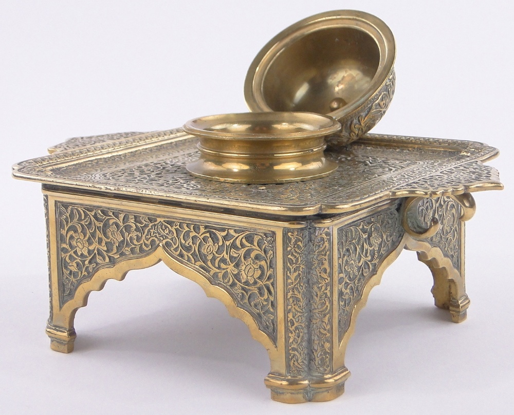 An ornate Middle Eastern brass ink stand, - Image 2 of 3