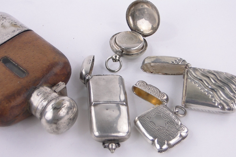 4 Various silver vesta cases and a half leather and silver plate hip flask, (5). - Image 3 of 3