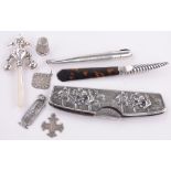 Group of silver items, including a tortoiseshell and silver paper knife, length 13cm,