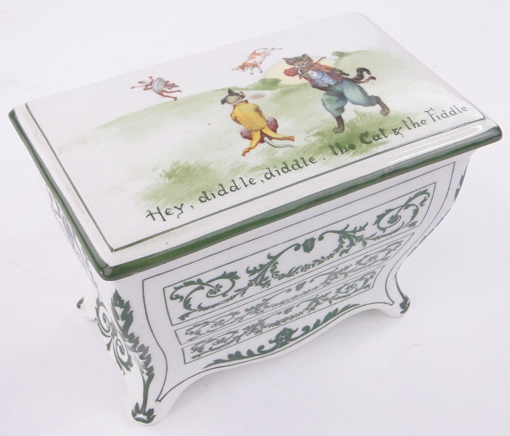 An unusual Royal Doulton pottery nursery rhyme design biscuit barrel,