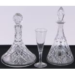 A Thomas Webb cut-glass decanter and stopper, a cut-glass ships decanter and a Georgian wine glass,