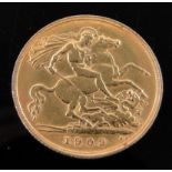A 1909 gold half sovereign.
