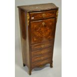 A continental kingwood and walnut escritoire, with shaped marble top, frieze drawer,