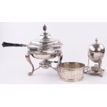 A silver plated flambe dish on stand and a plated egg warmer on spirit burner stand, (2).