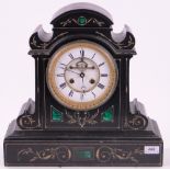 A 19th century black marble cased architectural mantel clock, with white enamelled dial.