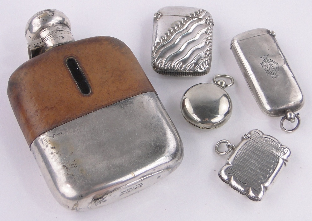 4 Various silver vesta cases and a half leather and silver plate hip flask, (5).