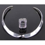 A large amethyst set silver ring, stone length 22mm and a silver collar necklace, (2).