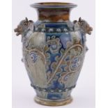 A large George Tinworth for Doulton Lambeth baluster vase, with incised geometric leaf designs,