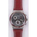 A gent's Swatch chronograph wristwatch, stainless steel case with red enamel bezel,