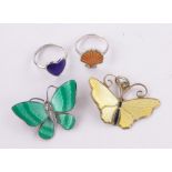 A silver and green enamel butterfly brooch,