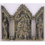 A 19th century bronze relief cast religious triptych, height 13cm.