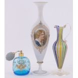 3 Pieces of Venetian glassware, comprising a multi-colour milk twist ewer height 22cm,