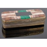 19th century gilt metal vesta case with inset specimen hardstone lid and agate base, length 6.3cm.