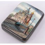 A modern Russian lacquer box, the lid having a hand painted palace scene, signed, length 9cm.