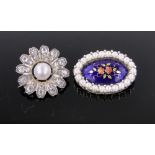 A diamond and pearl set daisy head design brooch, unmarked white metal settings,