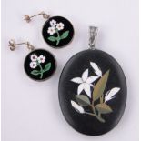 Pair of 19th century pietra-dura floral design pendant earrings, unmarked gold settings,
