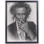 P Threemake, charcoal portrait of Keith Richards 2012, from Redskin Gallery, Arizona, 50cm x 37cm,
